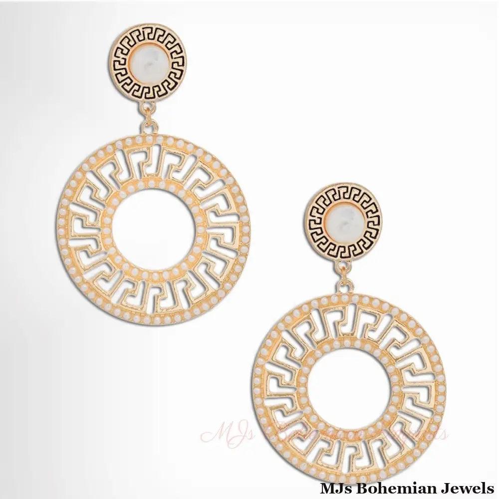 Elegance Redefined: Gold Pearl Greek Key Earrings
