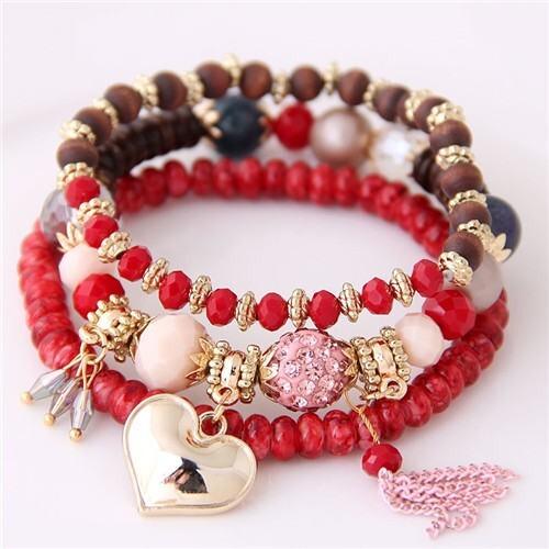 Golden Peach Heart Pendant Sweet Triple Layers High Fashion Bracelet - Red