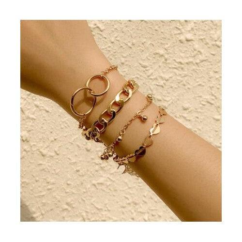 Hearts and Chain Combo with Bells Tassel Design Women Alloy Fashion Bracelet Set - Golden
