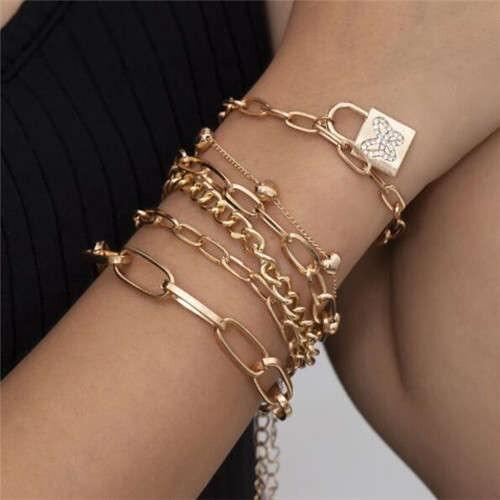 Rhinestone Butterfly Engraving Lock and Heart Pendant Multi-layer Women Golden Bracelet Set