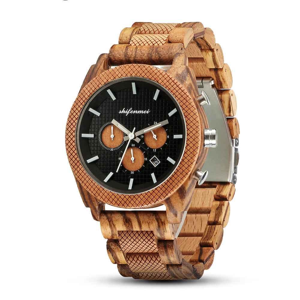 Men's Wood Chronograph Watch - Six Hand Calendar Sports Casual Timepiece for Men