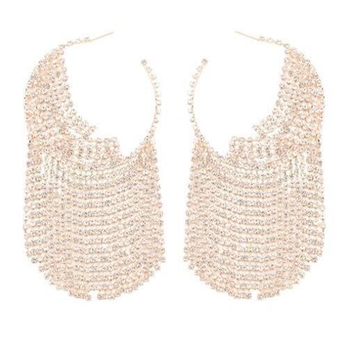 Shining Rhinestone Tassel Hoop High Fashion Internet Celebrity Style Women Costume Earrings - Golden