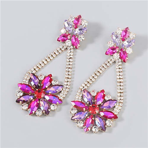 Vintage Waterdrop Rhinestone Inlaid Floral Design Long Tassel Women Earrings - Rose