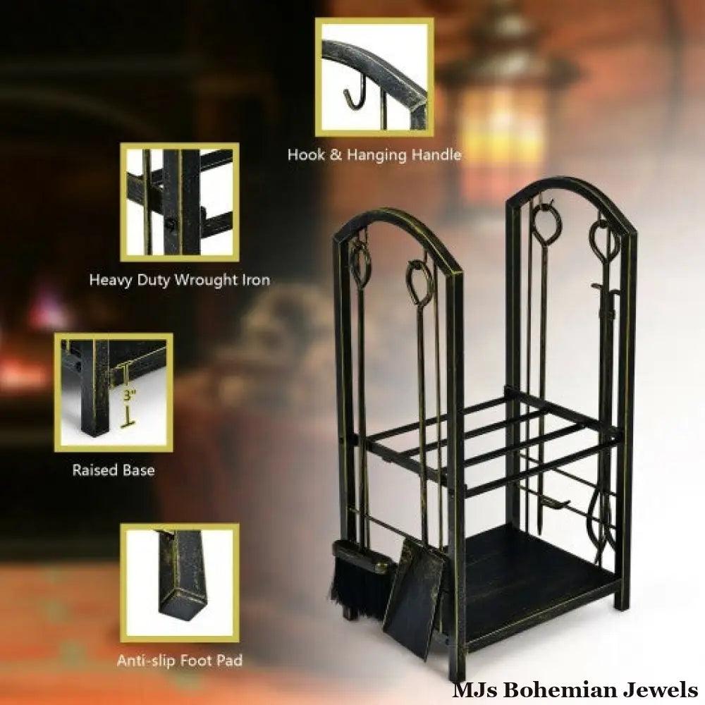 Fireplace Log Rack with 4 Pieces Fireplace Tools-Bronze - Color: Bronze
