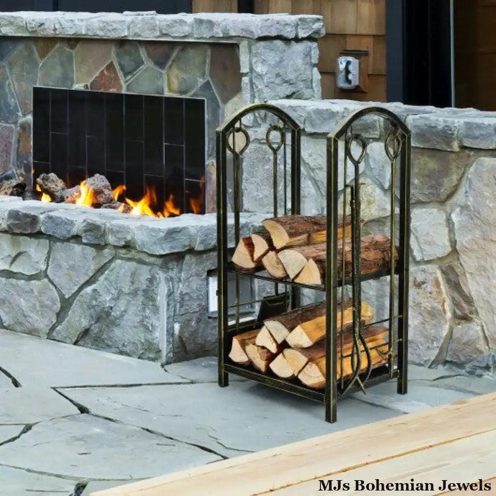 Fireplace Log Rack with 4 Pieces Fireplace Tools-Bronze - Color: Bronze