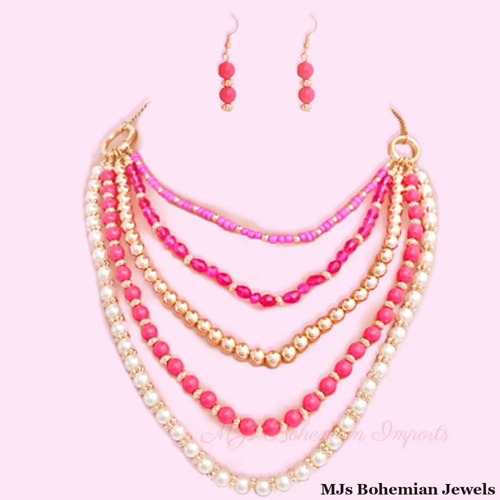 Fuchia Beads Pearl Necklace Set