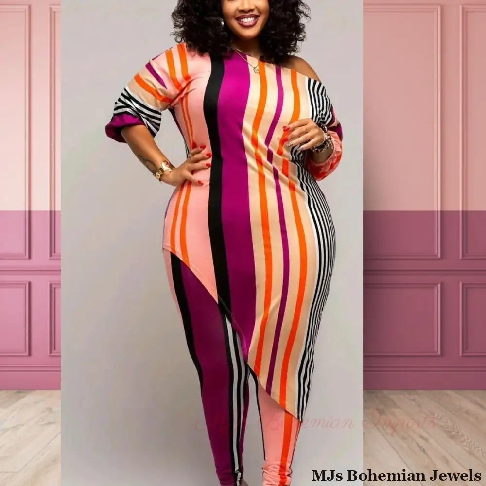 Fuchsia 5XL Striped Top Leggings Set