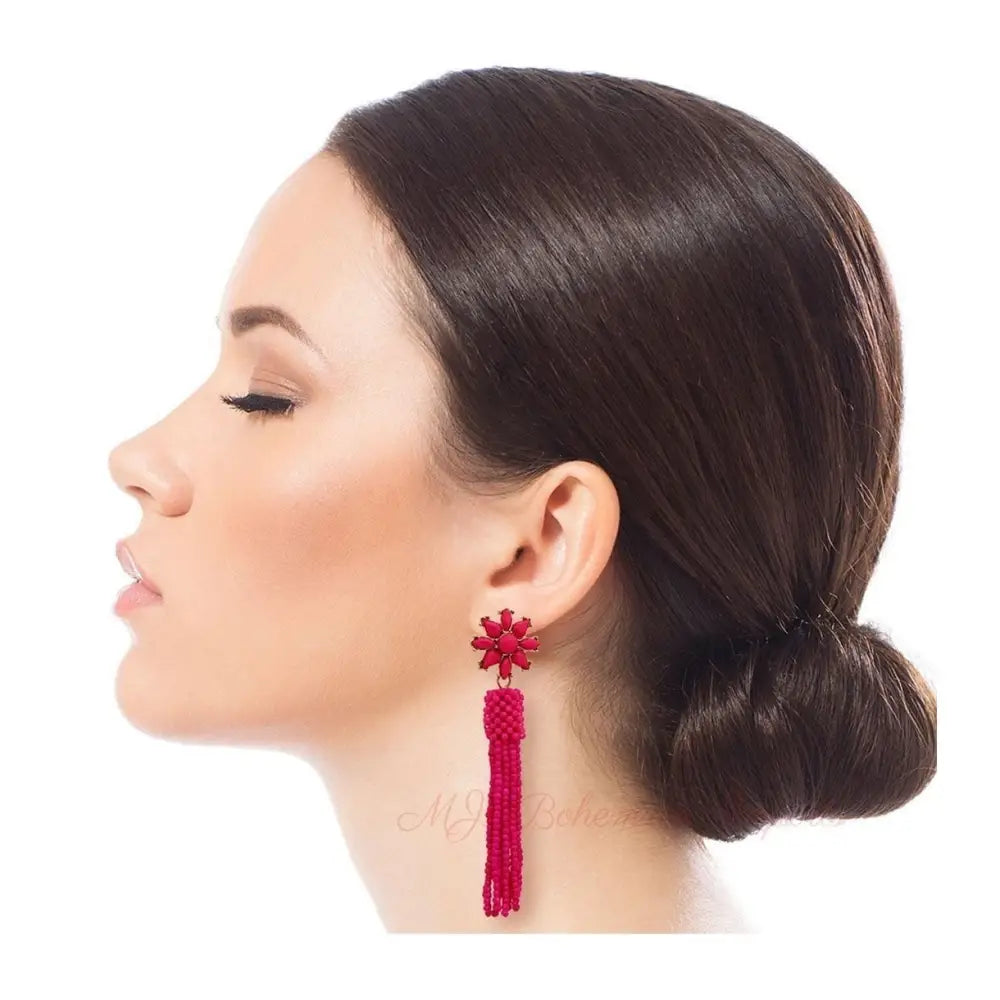 Fuchsia Flower Seed Bead Earrings