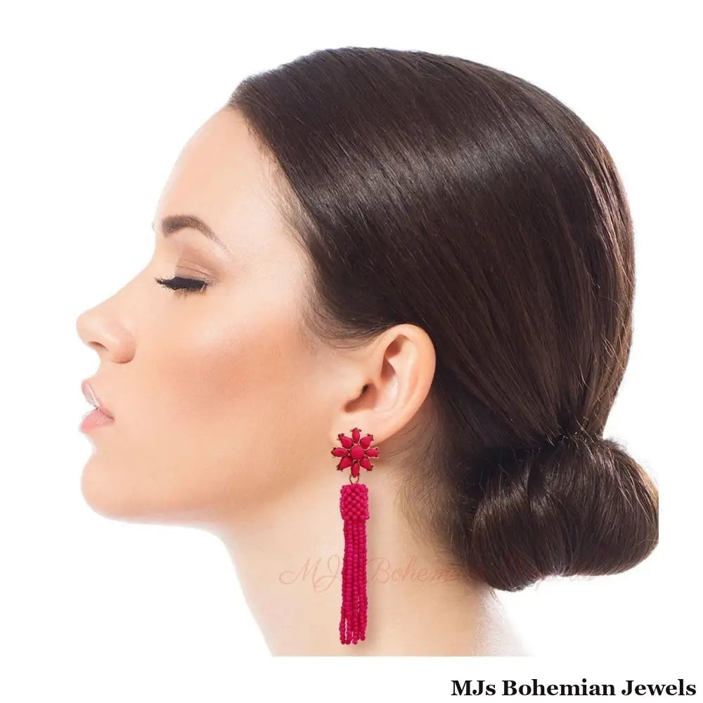 Fuchsia Flower Seed Bead Earrings