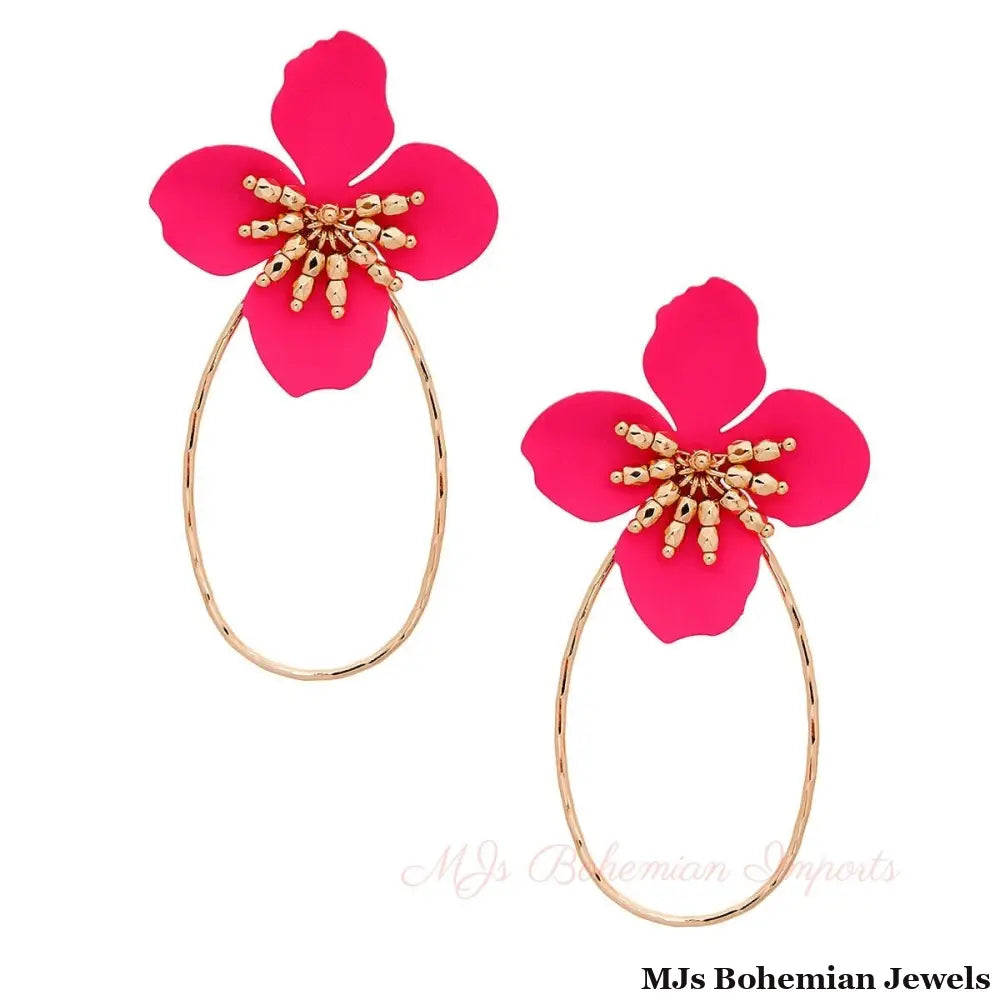 Fuchsia Flower Teardrop Hoops
