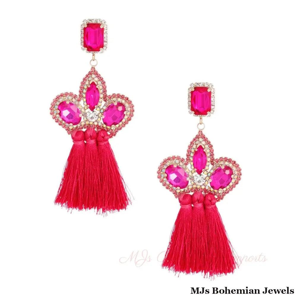 Fuchsia Triple Tassel Stone Earrings
