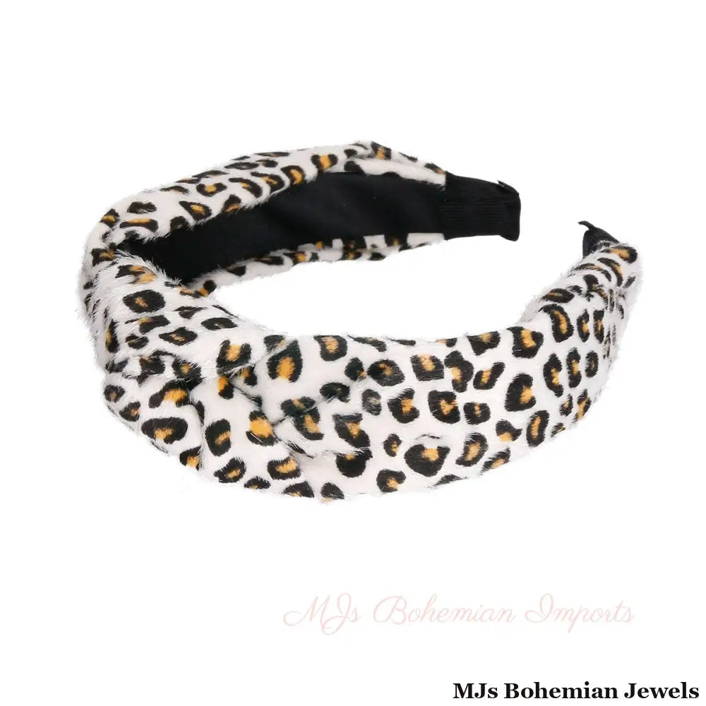 Furry White Leopard Knot Headband