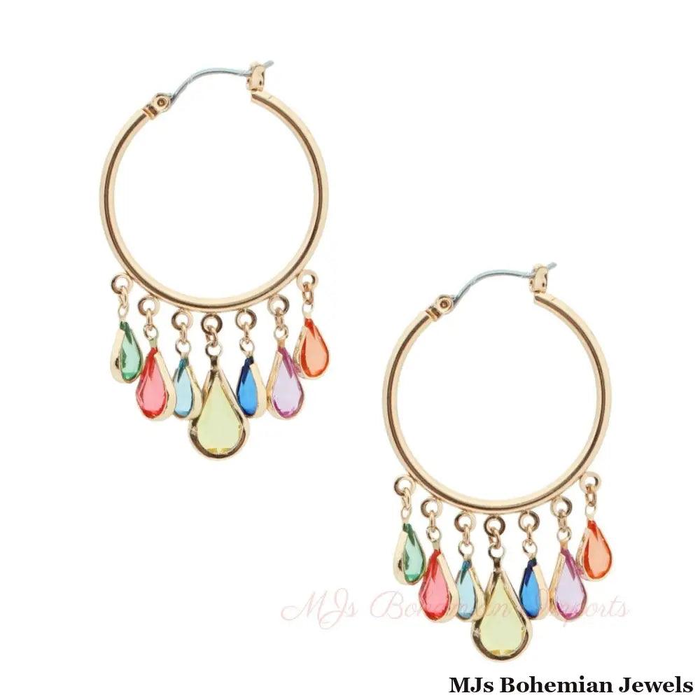 Glass Teardrop Gold Hoops