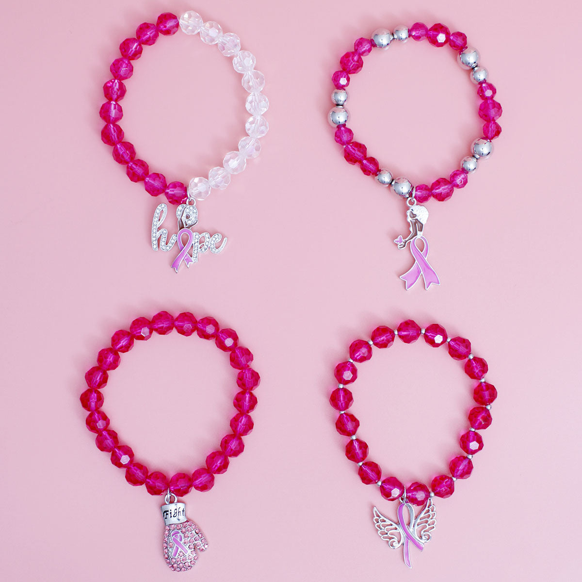 Breast Cancer Pink Glass Bead Fight 4 Pc Bracelets