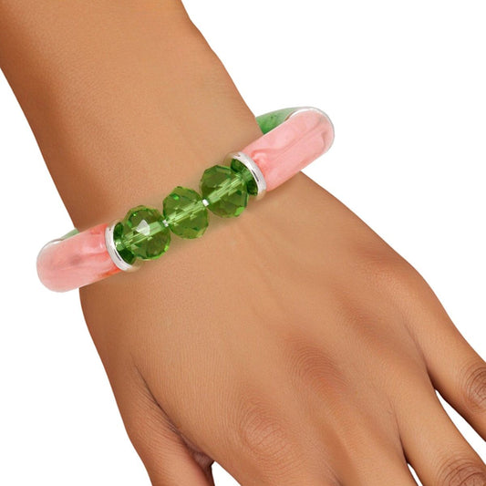 AKA Pink Green Tubular and Glass Bead Bracelet