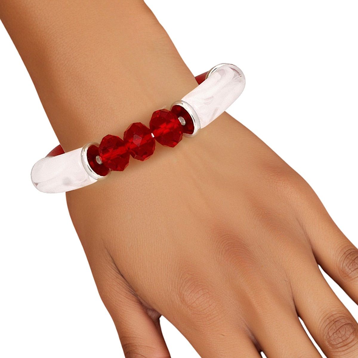 DST Red White Tubular and Glass Bead Bracelet