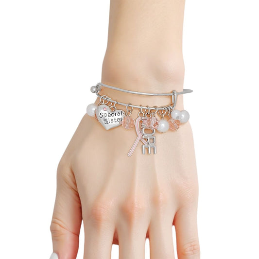 Breast Cancer Silver Wire Light Pink Charm Bangle