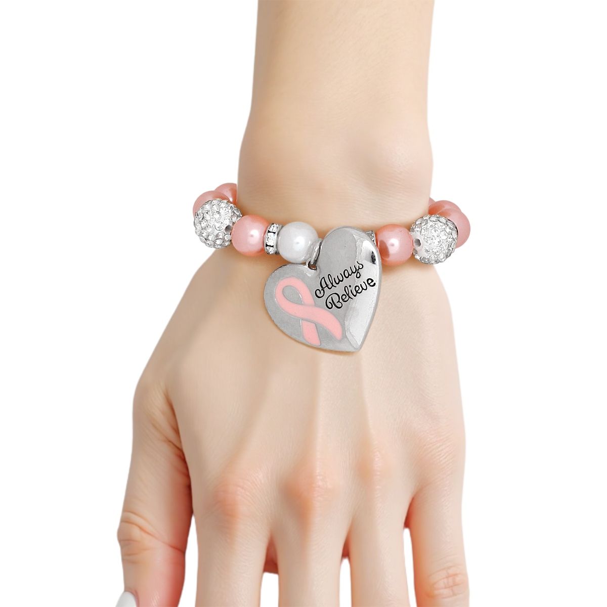Breast Cancer Light Pink Pearl Heart Charm Bracelet