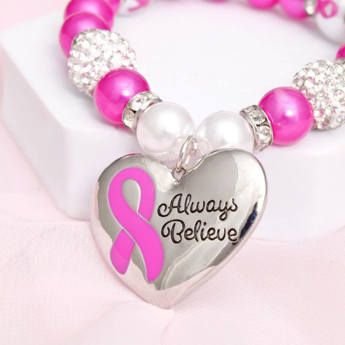 Breast Cancer Pink Pearl Heart Charm Bracelet