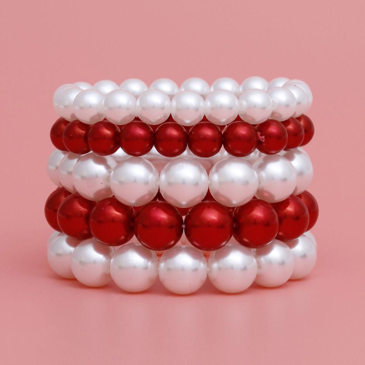 DST Red White Pearl Stretch 5 Pcs Bracelets Women
