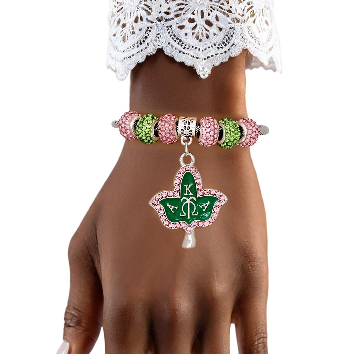 AKA Sorority Ivy Leaf Charm Cable Bangle Bracelet