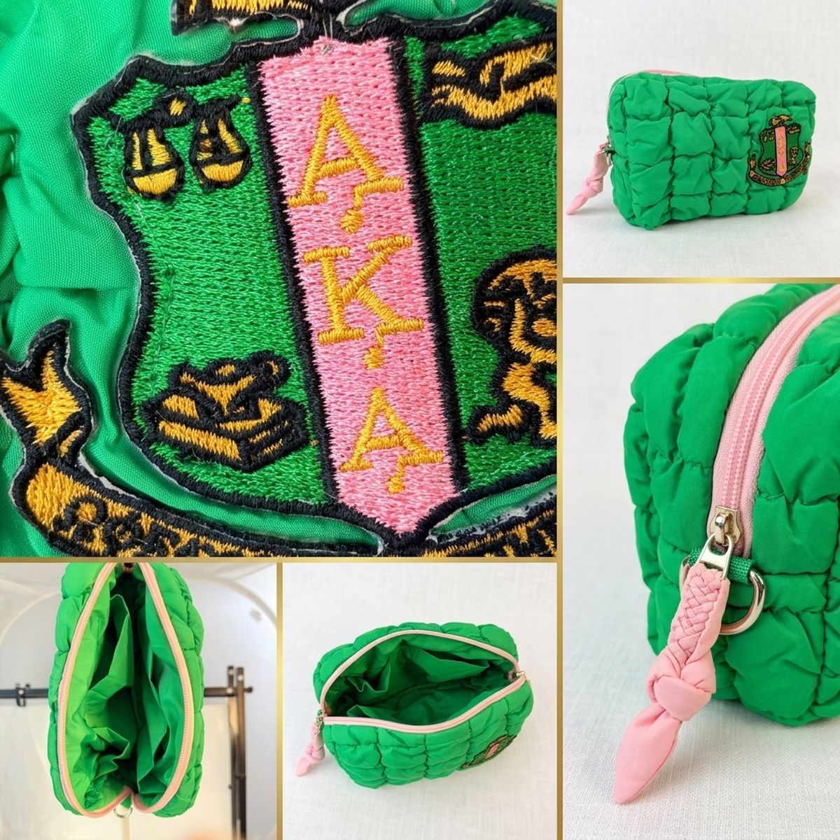 AKA Apple Green Crest Mini Quilted Puffy Pouch