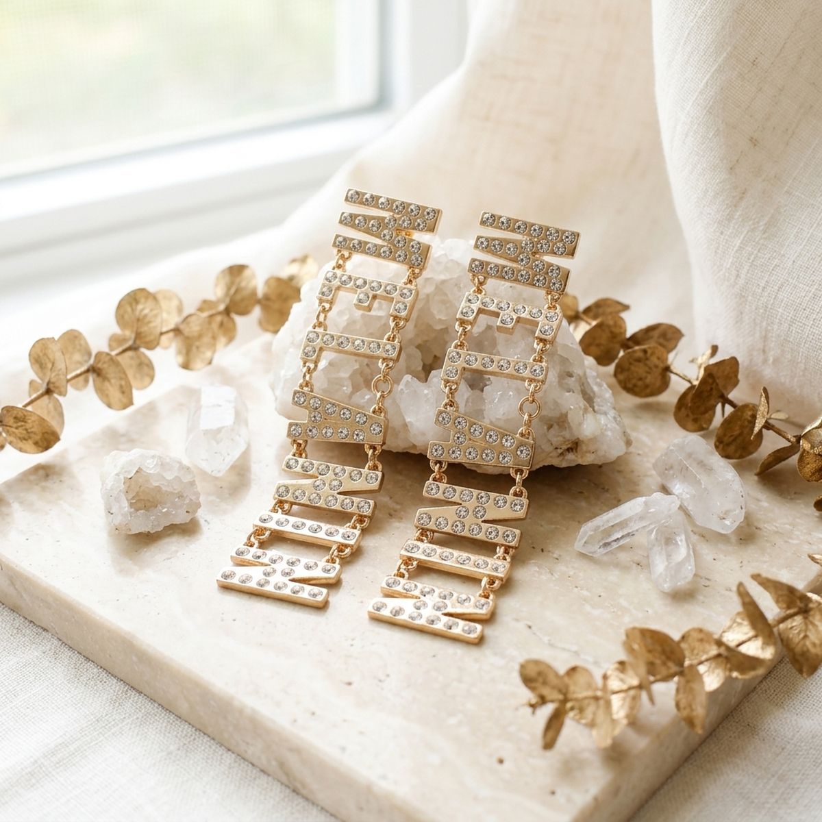 Gold Clear Rhinestone MELANIN Link Dangle Earrings