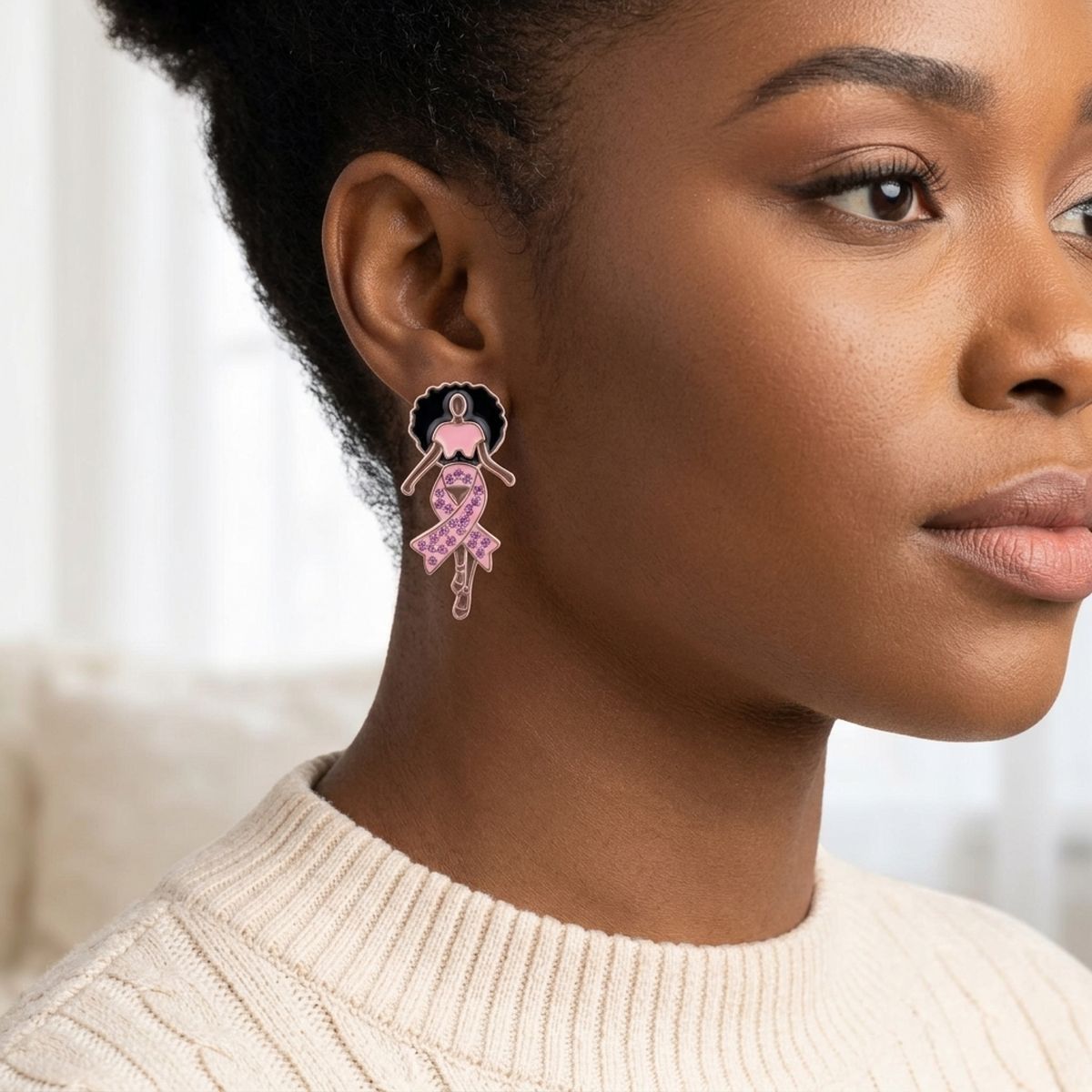 Gold Light Pink Afro Woman Breast Cancer Studs