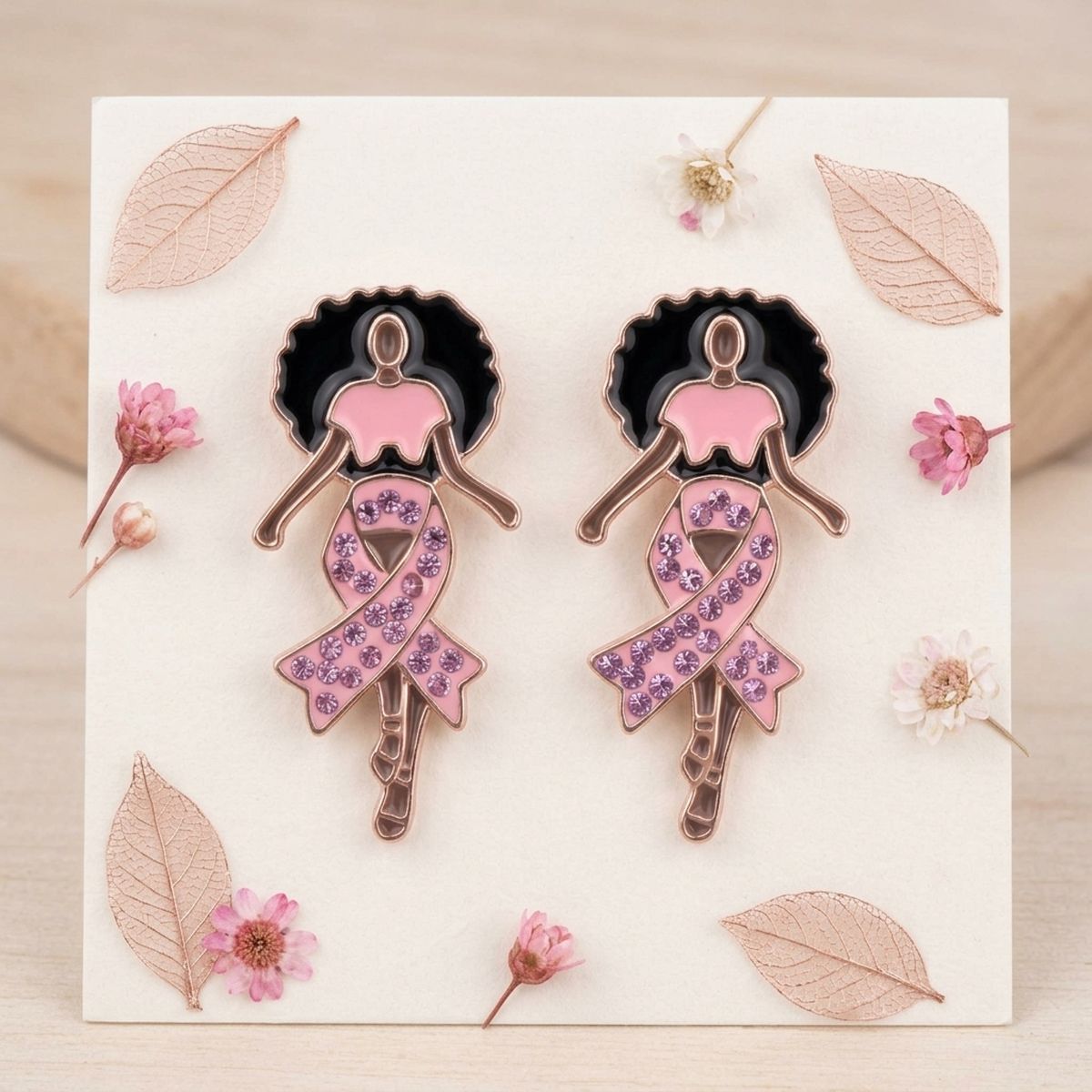 Gold Light Pink Afro Woman Breast Cancer Studs