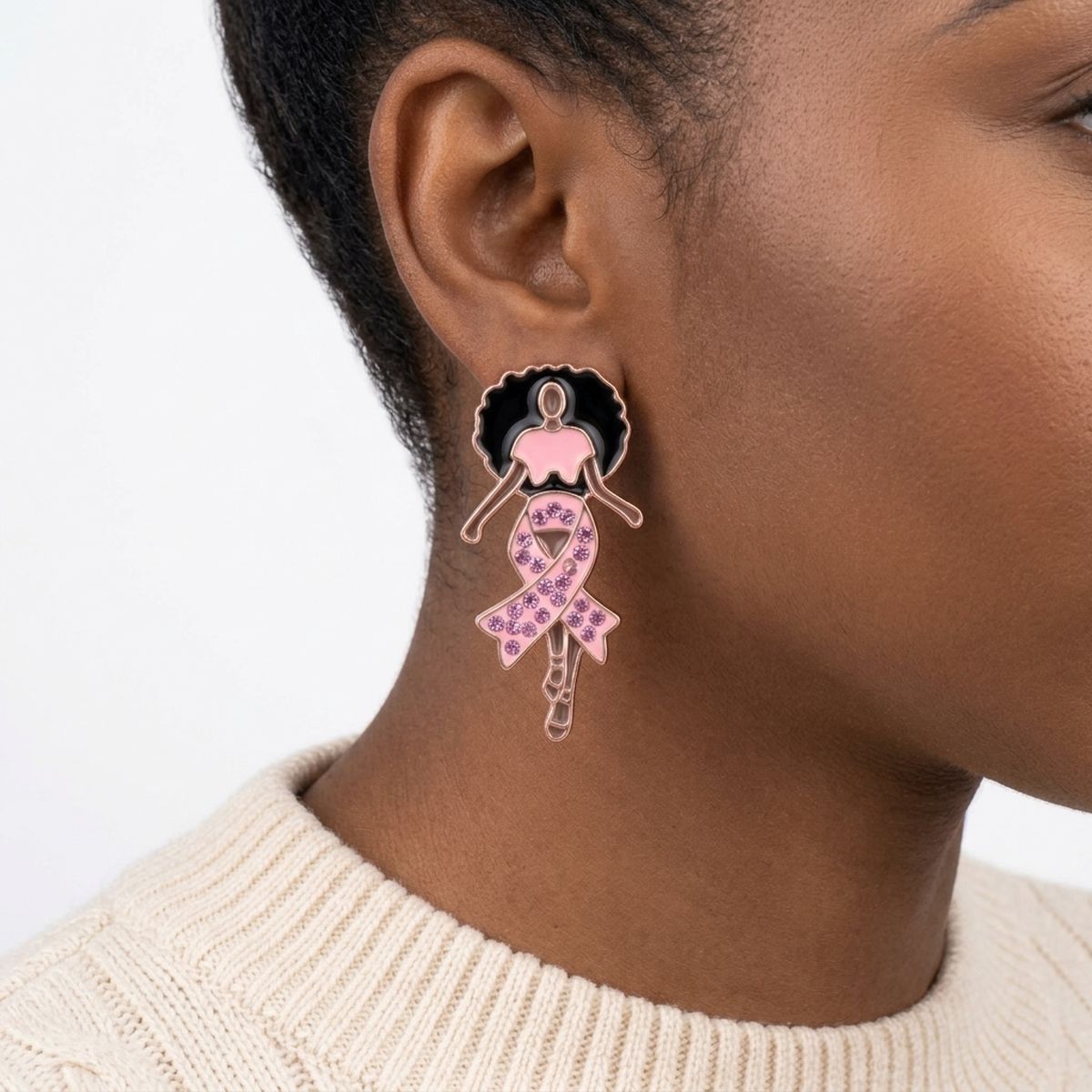 Gold Light Pink Afro Woman Breast Cancer Studs