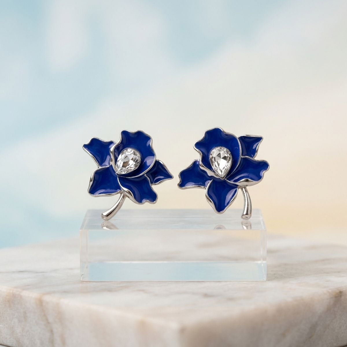 Zeta Phi Beta Blue Enamel Flower Stud Earrings