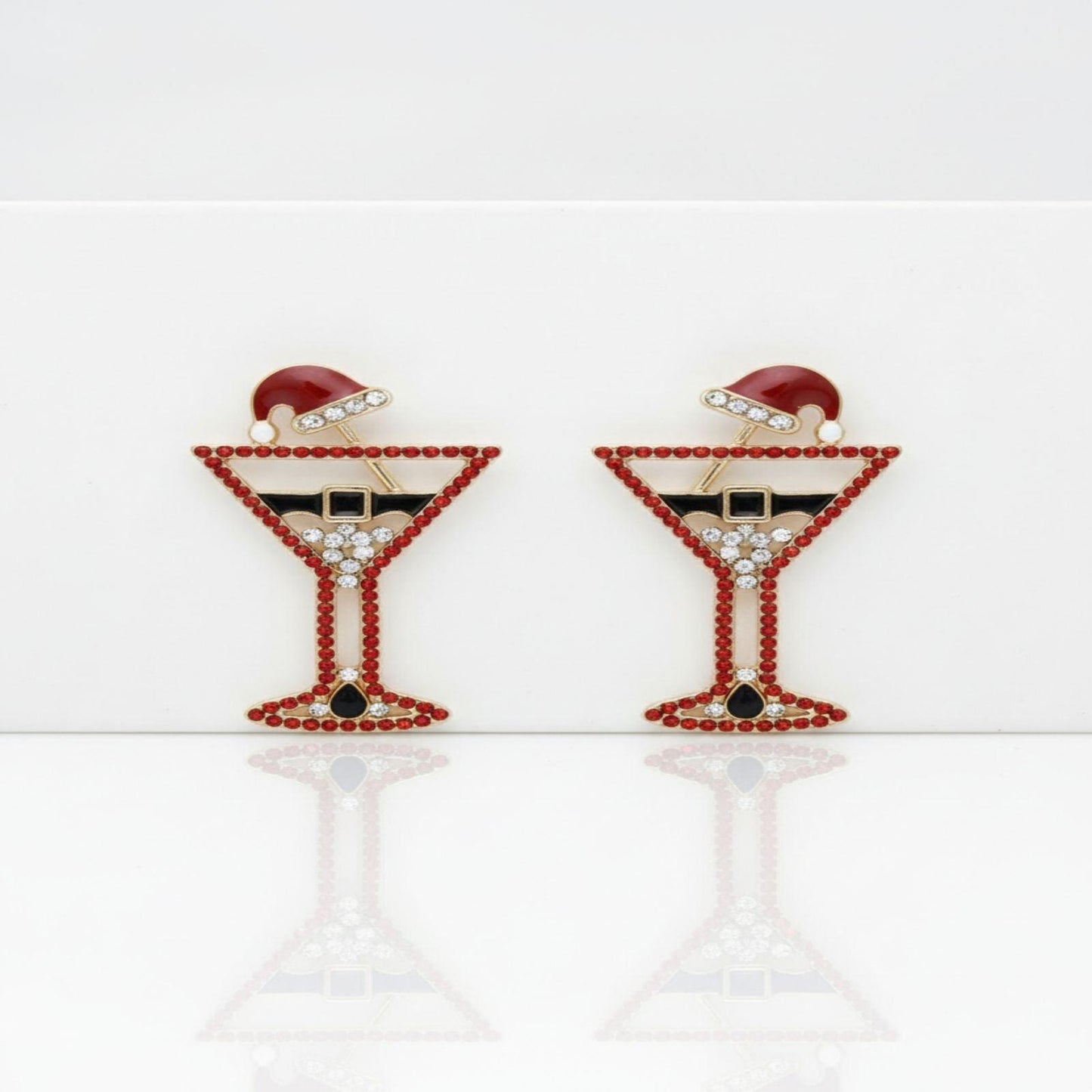 Stud Gold Tipsy Santa Red Martini Xmas Earrings
