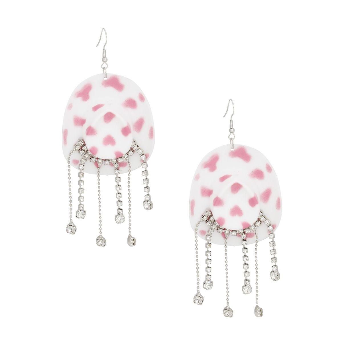 Fish Hook White Pink Cowgirl Hat Fringe Earrings