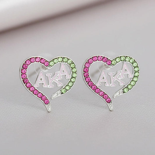 AKA Sorority Heart Pink Green Bling Stud Earrings