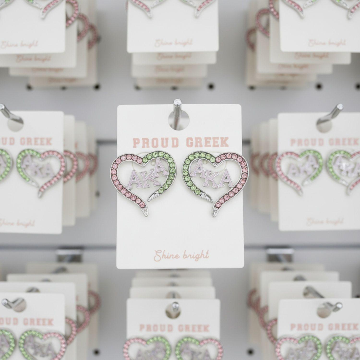 AKA Sorority Heart Pink Green Bling Stud Earrings