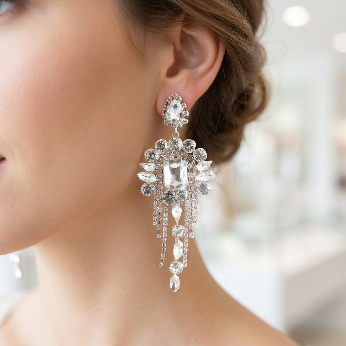 Silver Arched Glass Crystal Chandelier Earrings