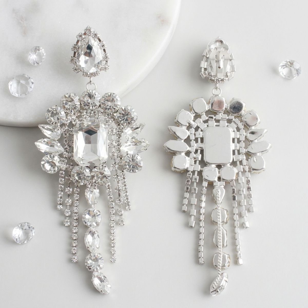 Silver Arched Glass Crystal Chandelier Earrings