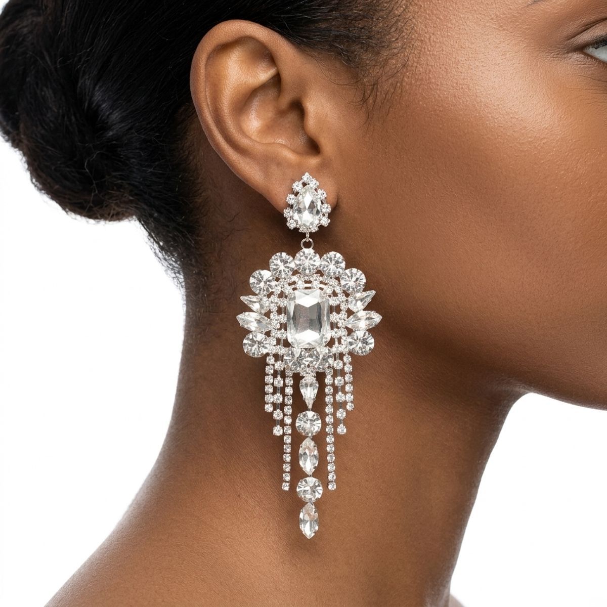 Silver Arched Glass Crystal Chandelier Earrings