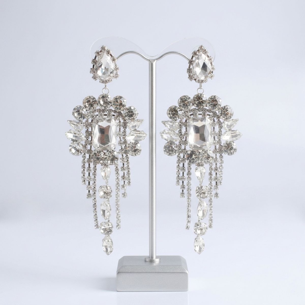 Silver Arched Glass Crystal Chandelier Earrings