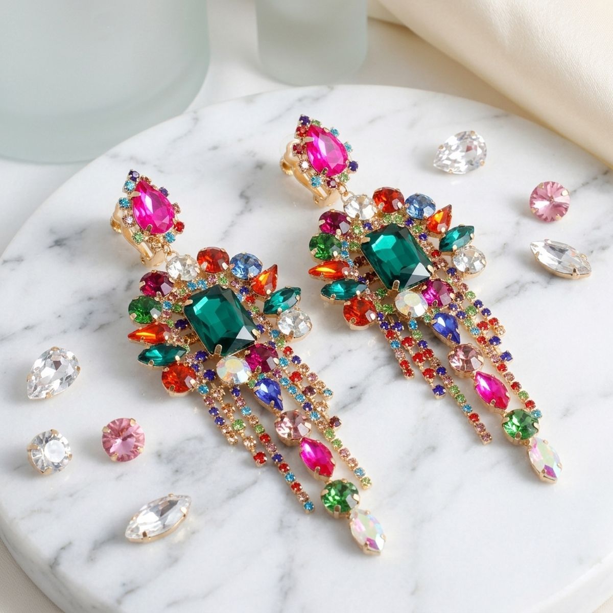 Multicolor Arched Glass Crystal Chandelier Earrings