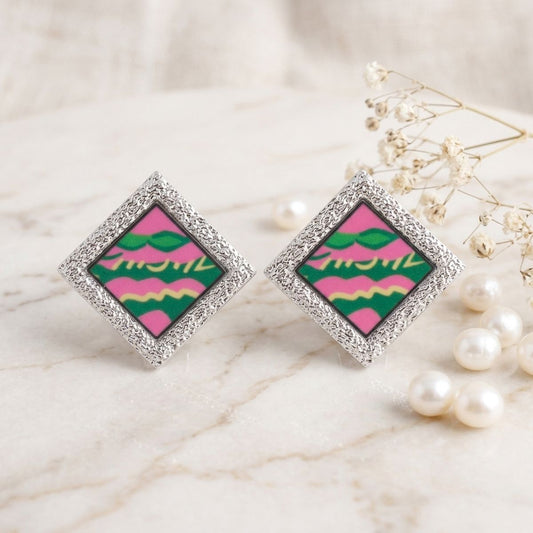 AKA Pink Wave Silver Framed Art Clip On Earrings