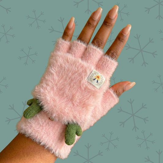 Convertible Fingerless Mittens Pink Fur Reindeer