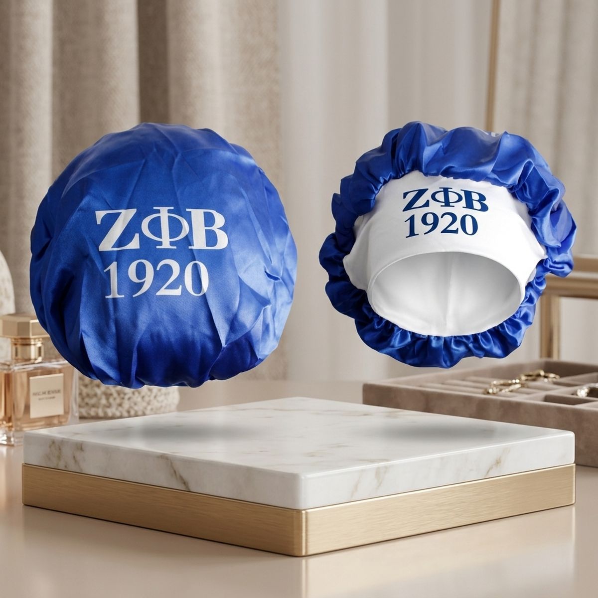 ZPB Blue Silky Satin & Contrast Band Sleep Bonnet