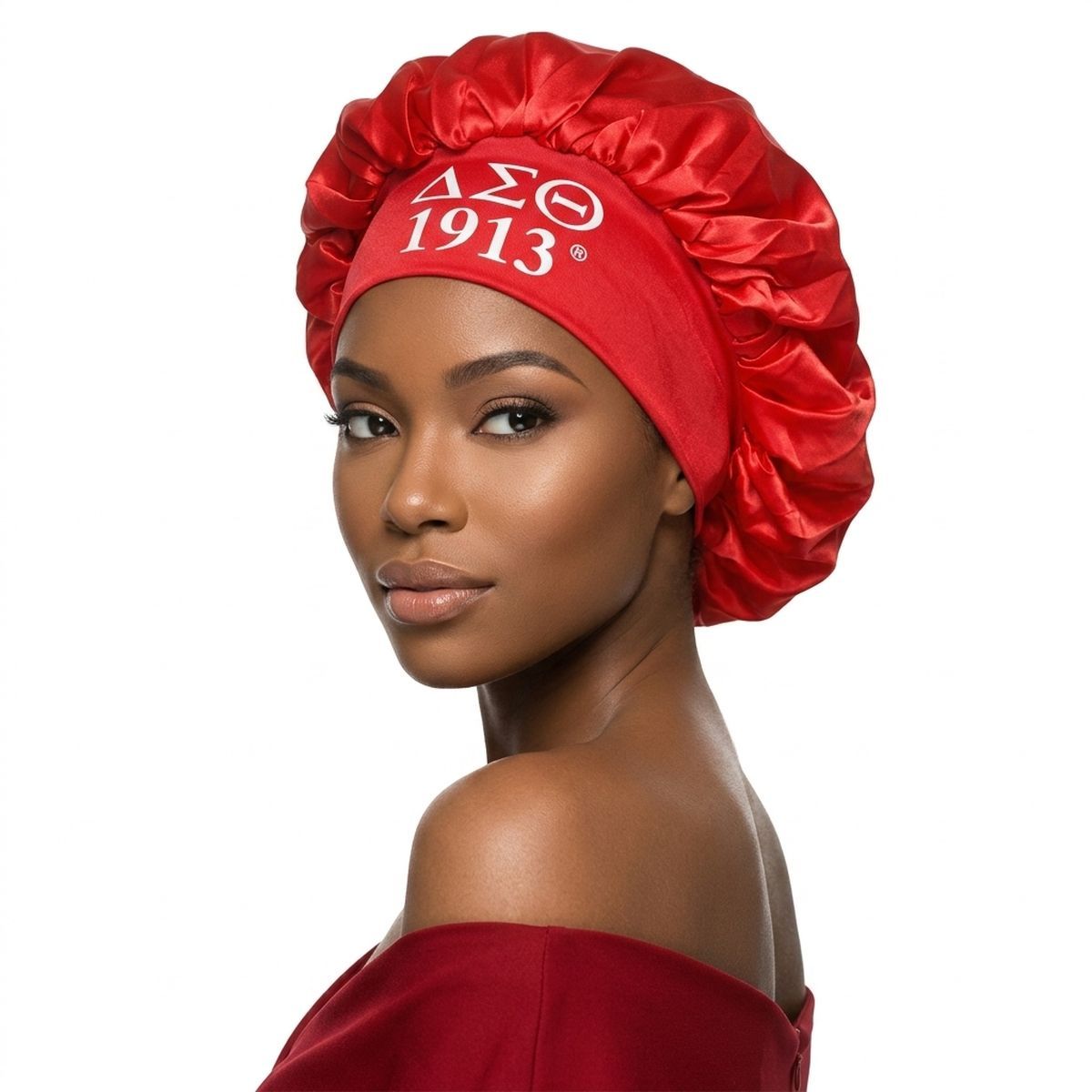 DST Red Silky Satin & Contrast Band Sleep Bonnet