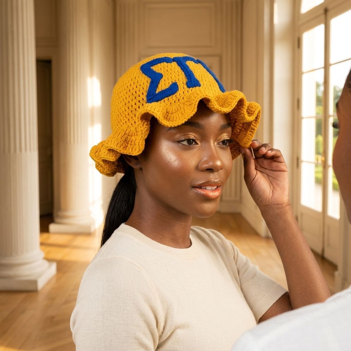 SGRHO Yellow Greek Crochet Ruffle Bucket Hat