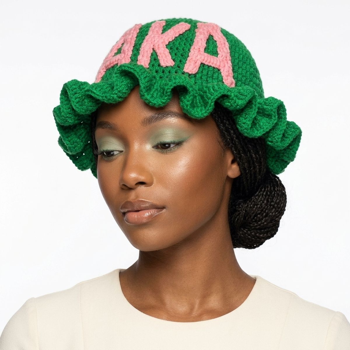 AKA Green Greek Crochet Ruffle Bucket Hat