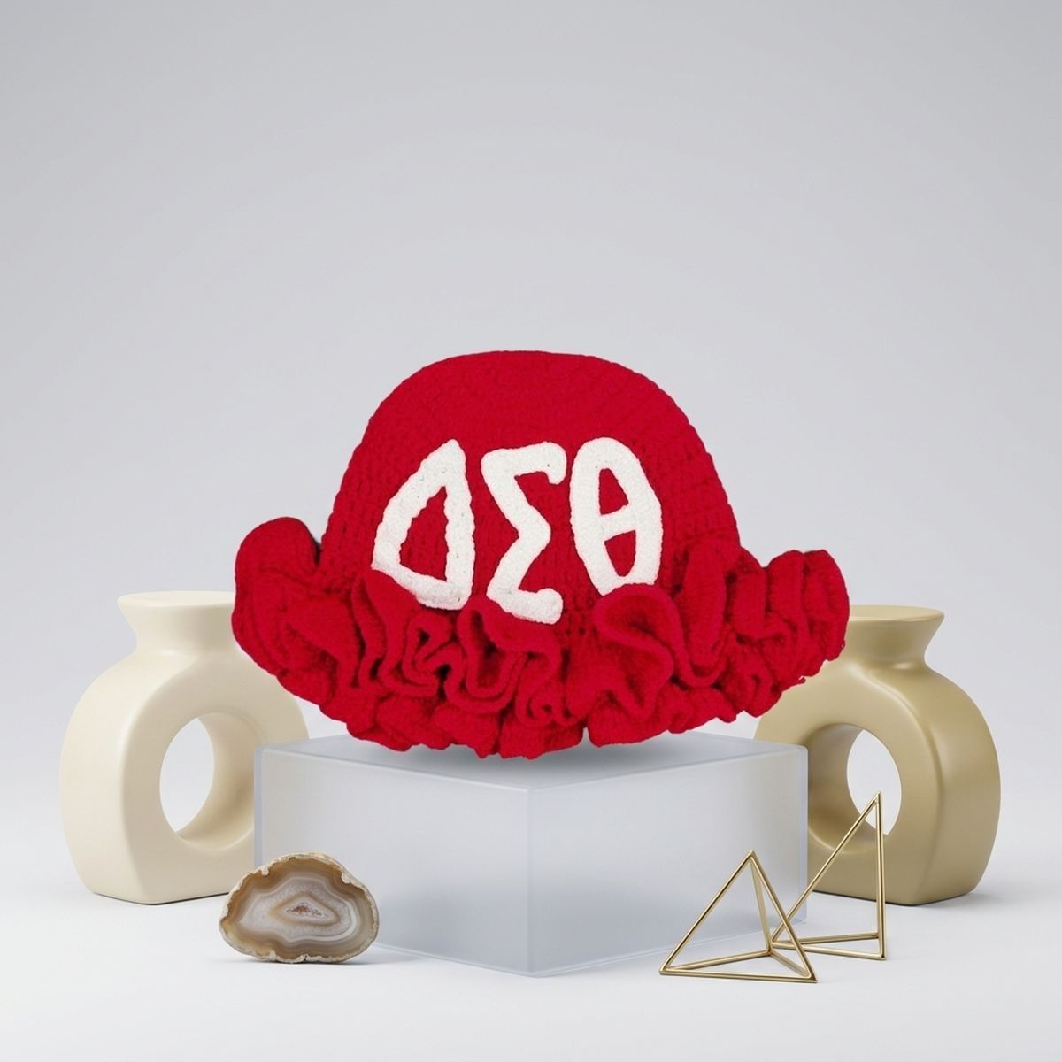 DST Red Greek Crochet Ruffle Bucket Hat