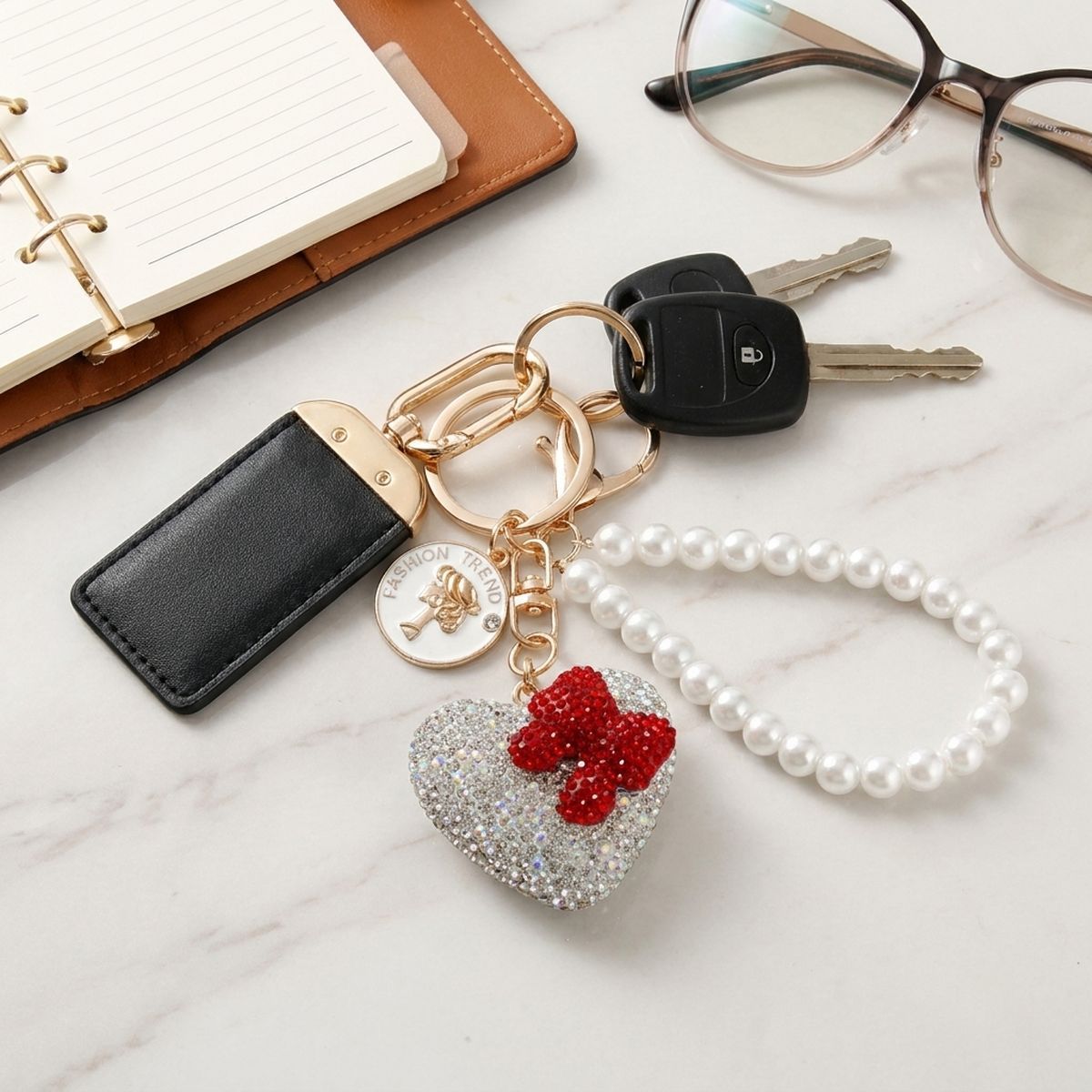 Clear Stone Encrusted Heart Pearl Keychain Clip