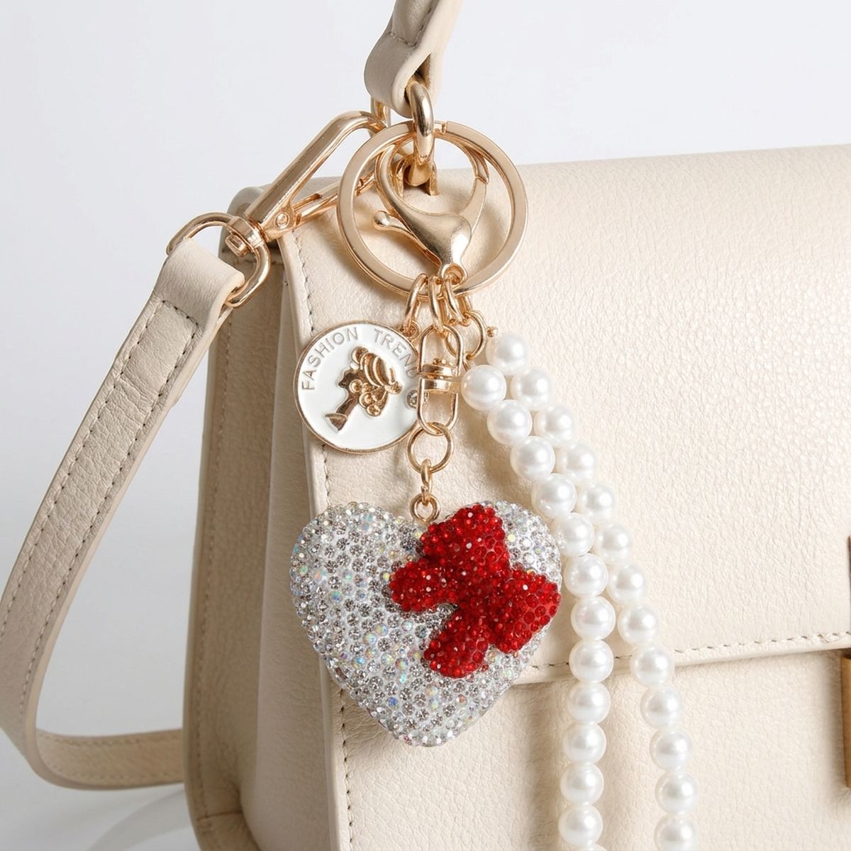 Clear Stone Encrusted Heart Pearl Keychain Clip