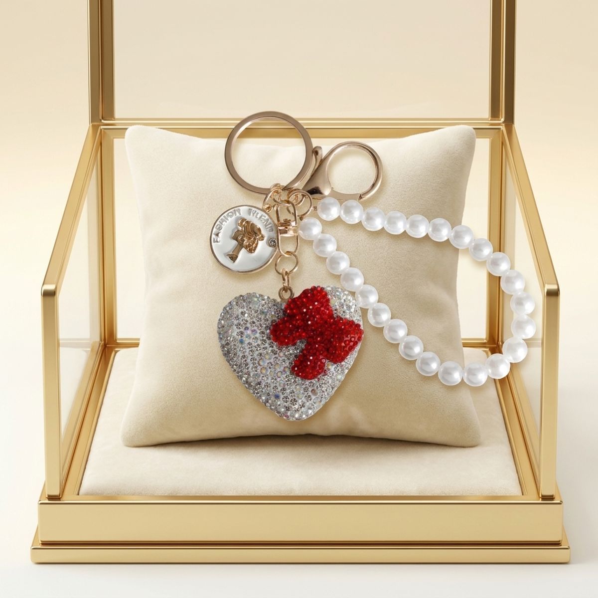 Clear Stone Encrusted Heart Pearl Keychain Clip
